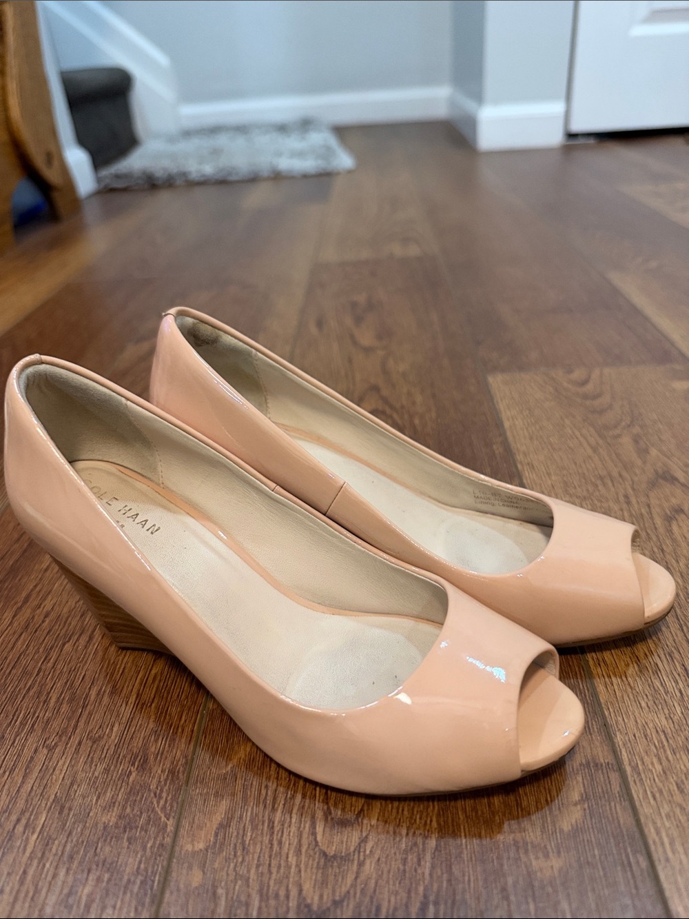 Cole Haan Peach Patent Leather Peep-Toe Wedge Pumps